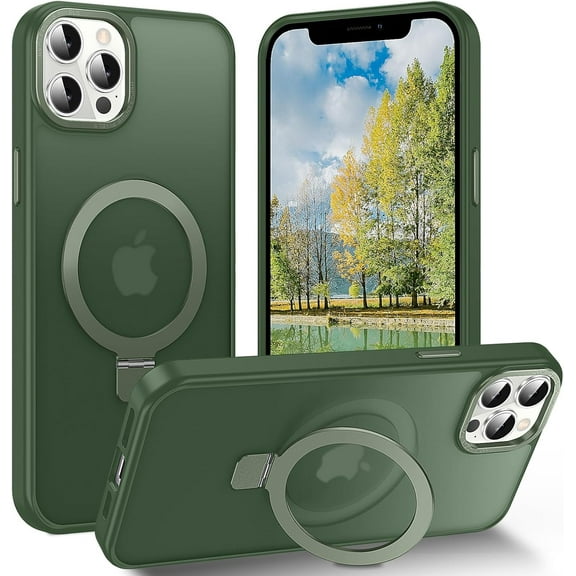 Magnetic for iPhone 12 Pro Max Case with Ring Stand, [10 FT Drop Protection] [Velvety Touch] Slim Translucent Matte Back Shockproof Phone Case for iPhone 12 Pro Max 6.7'', Midnight Green