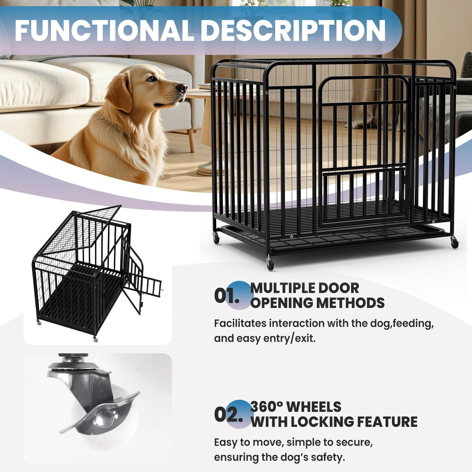 Mobile Pet Dog Cage, Black Sturdy Metal 38-inch Kennel, Reinforced Frame Design with Movable Wheels for Large Dogs Indoor Outdoor Camping