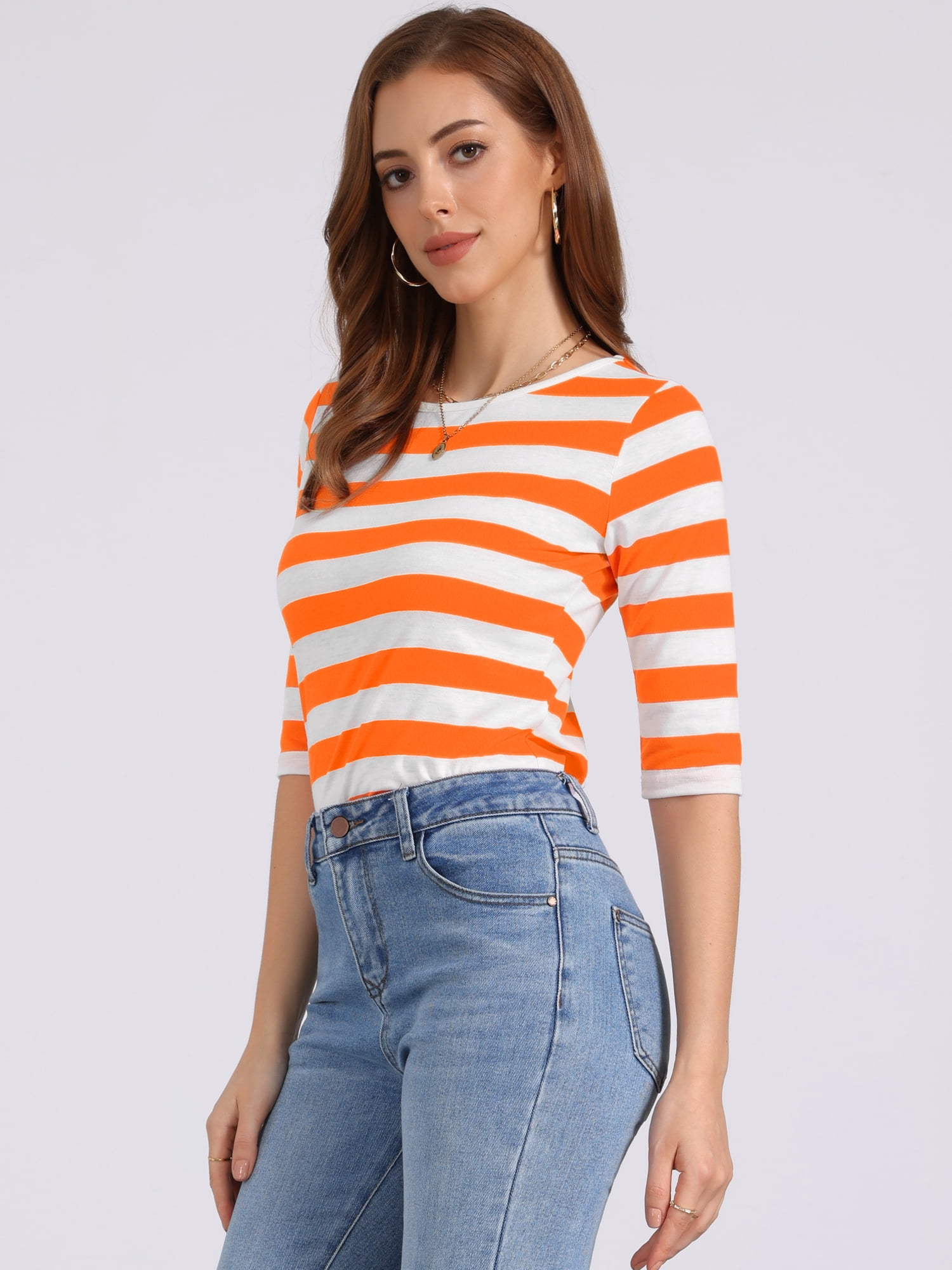 DARING DIVA Women's Elbow Sleeves Round Neck Slim Basic Printed T-Shirt XL Orange White