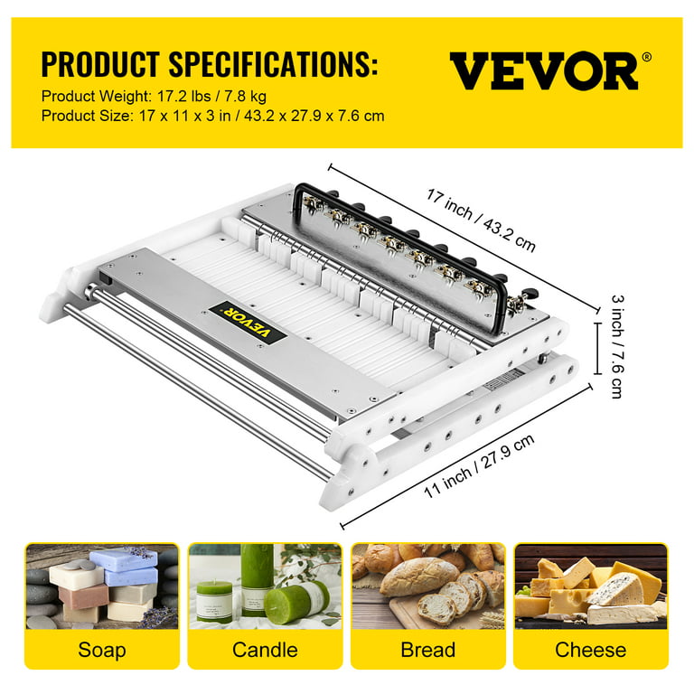 VEVOR Soap Cutter, Cuts 1-15 Bars, 0.8/1/1.2 inch Adjustable Width Slicer  with Size Scale, Stainless Steel Multi Handmade Soap Wire Cutting Machine  for Candles Trimming Cheese Butter DIY Making Tool