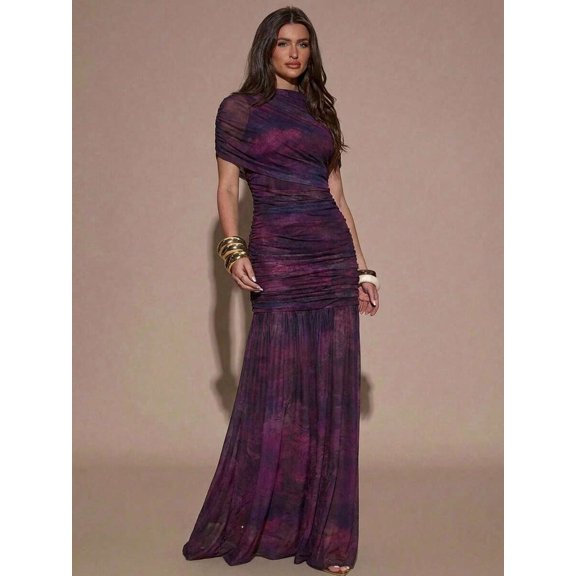 Purple Tie-Dye Ruched Maxi Dress With Short Sleeve And Round Neck