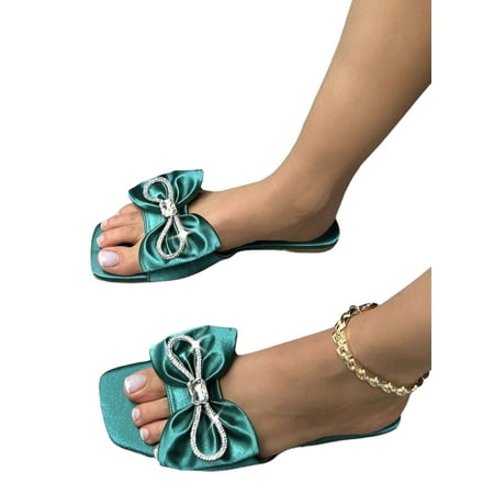 

Ymiytan Womens Sandal Bowknot Flat Sandals Slip On Slides Indoor&Outdoor Stylish Anti Skid Beach Slippers Green 5.5