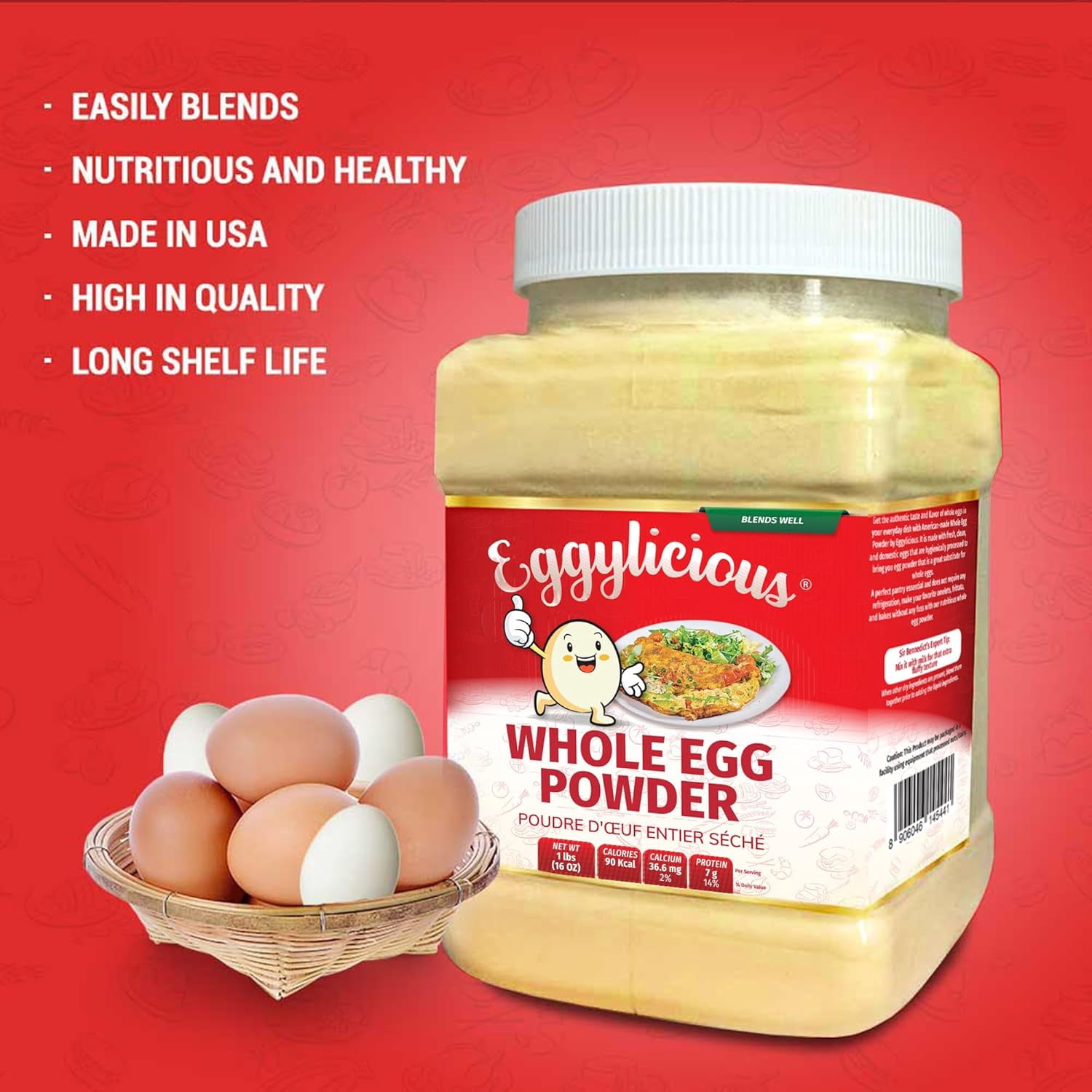 Eggylicious Whole Egg Powder, Dried Natural Protein Powder, Made from Fresh Eggs White & Yolk mixed, Pasteurized, 1lbs (16oz)