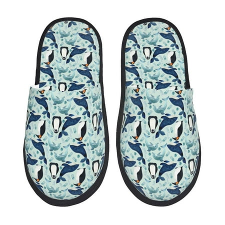 

Fuzoiu Penguins Dolphins Whales Print Unisex Furry Slippers Plush Indoor Shoes Trendy House Slippers Anti-Skid EVA Sole House Shoes for Home Office and Travel -Large