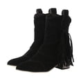 thumbnail image 3 of Tassel Cowgirl Boots for Women Boho Suede Pointed Toe Stacked Heel Mid Calf Dress Cowboy Booties, 3 of 8
