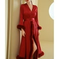 thumbnail image 2 of Defitshape Women's Long Robe Satin Luxury Faux Fur Trim Bridal Robes Silk Bathrobe Summer Long Sleeve Bridesmaid Sleepwear Red Small, 2 of 4