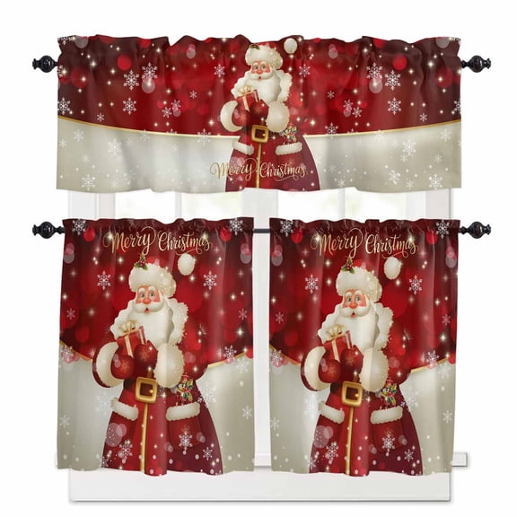 Merry Christmas Kitchen Curtains and Valances Set, Retro Santa Claus Box Xmas Snowflakes Red Rod Pocket Window Valance Window Curtain Panels for Living Room Bedroom Laundry, 27.5x24in, 3 Pieces
