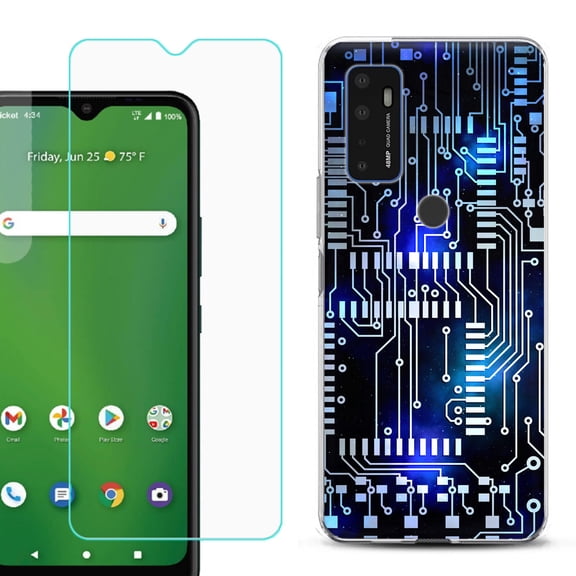 Slim-Fit Gel TPU Phone Case for Cricket Dream 5G, with Tempered Glass Screen Protector, by OneToughShield ® - Cosmos Circuit