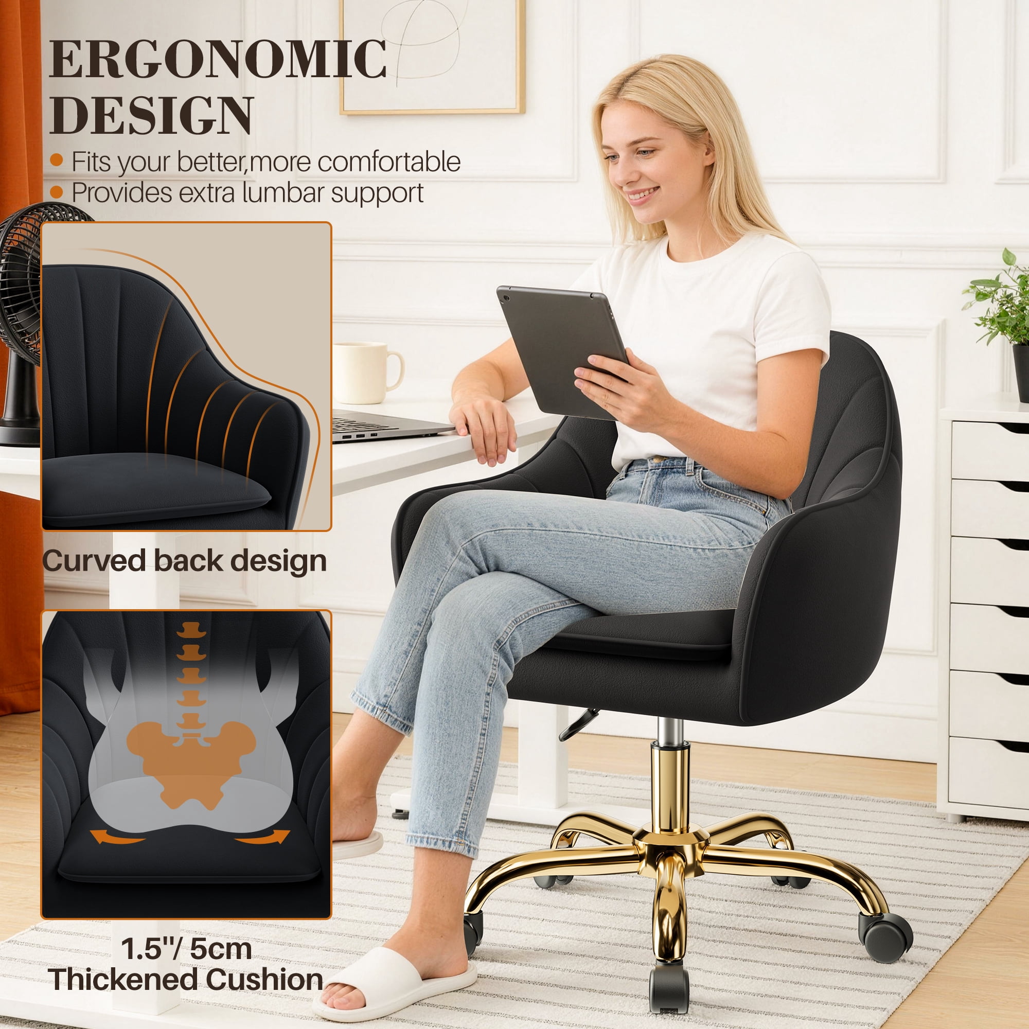COOLHUT Office Desk Chair with Padded, Velvet Vanity Chair with Back and Wheels, Comfy Home Office Chiar with Gold Legs, Height Adjustable, Rolling Chair for Vanity Room, Makeup Room, Bedroom, Black