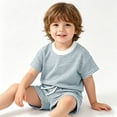 thumbnail image 2 of OSOLU Children Boys Outfits Summer Striped Knit Crew Neck Tee and Shorts 2 Piece Thin Breathable Casual Daily Wear Travel Holiday Clothing Sets, 2 of 4