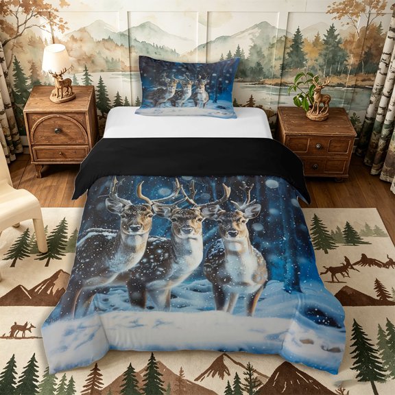 Castle Fairy Wildlife Deer Twin Duvet Cover,Winter Dark Woodland Twin Bedding,Blue White Brown,Black Reversible,2pcs,No Comforter,1 Duvet Cover and 1 Pillowcase