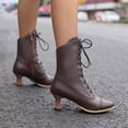 thumbnail image 4 of Mepaouo Women's Ankle Boots Mid Calf Boots Heel Lace up Witch Boots Goth Knight Short Booties(Brown,8.5), 4 of 8
