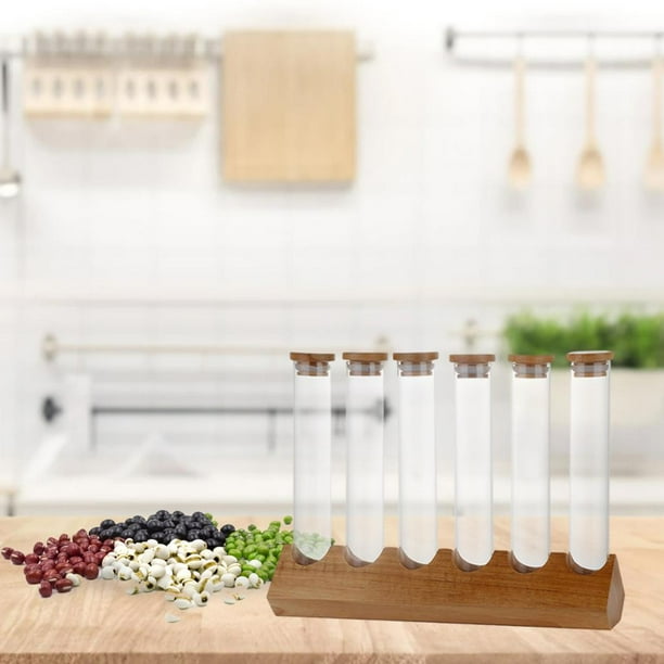 yuksok Creative Cereals Canister Glass Tubes with Wooden Holder Spice Rack for Kictchen 6 Tubes Walmart