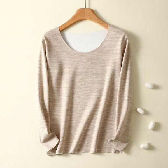 Womens Long Sleeve T Shirts Women Winter Clothes Women's Fleece Thermal Long-sleeved Round-neck Base Shirt Top,Khaki,XXXL