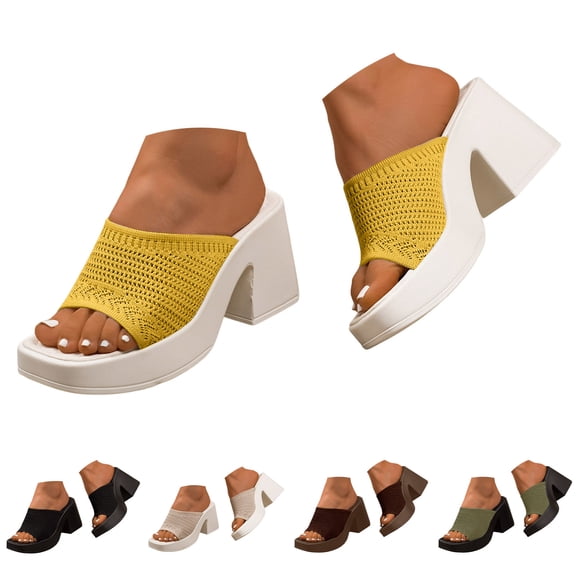 Dakaela Women's Knit Platform Mule Sandals Square Open Toe 3.35 Inch High Chunky Heel Slip on Slides Comfortable Summer Party Dress Pumps Shoes Beige 6