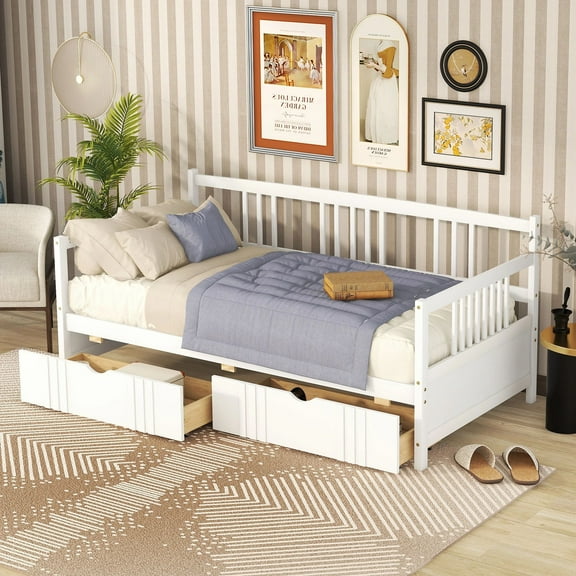 MODERNLUXE Twin Size Wood Daybed with 2 Storage Drawers for Living Room, Bedroom,White