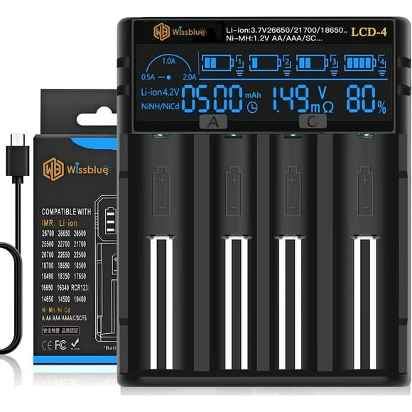 AIR-LCD-4 21700 18650 Battery Charger, LCD Screen Can Display Capacity, 2A Fast Charger, Suitable for 3.7V Lithium Battery and 1.2V Ni-MH/Ni-Cd AA AAA Battery