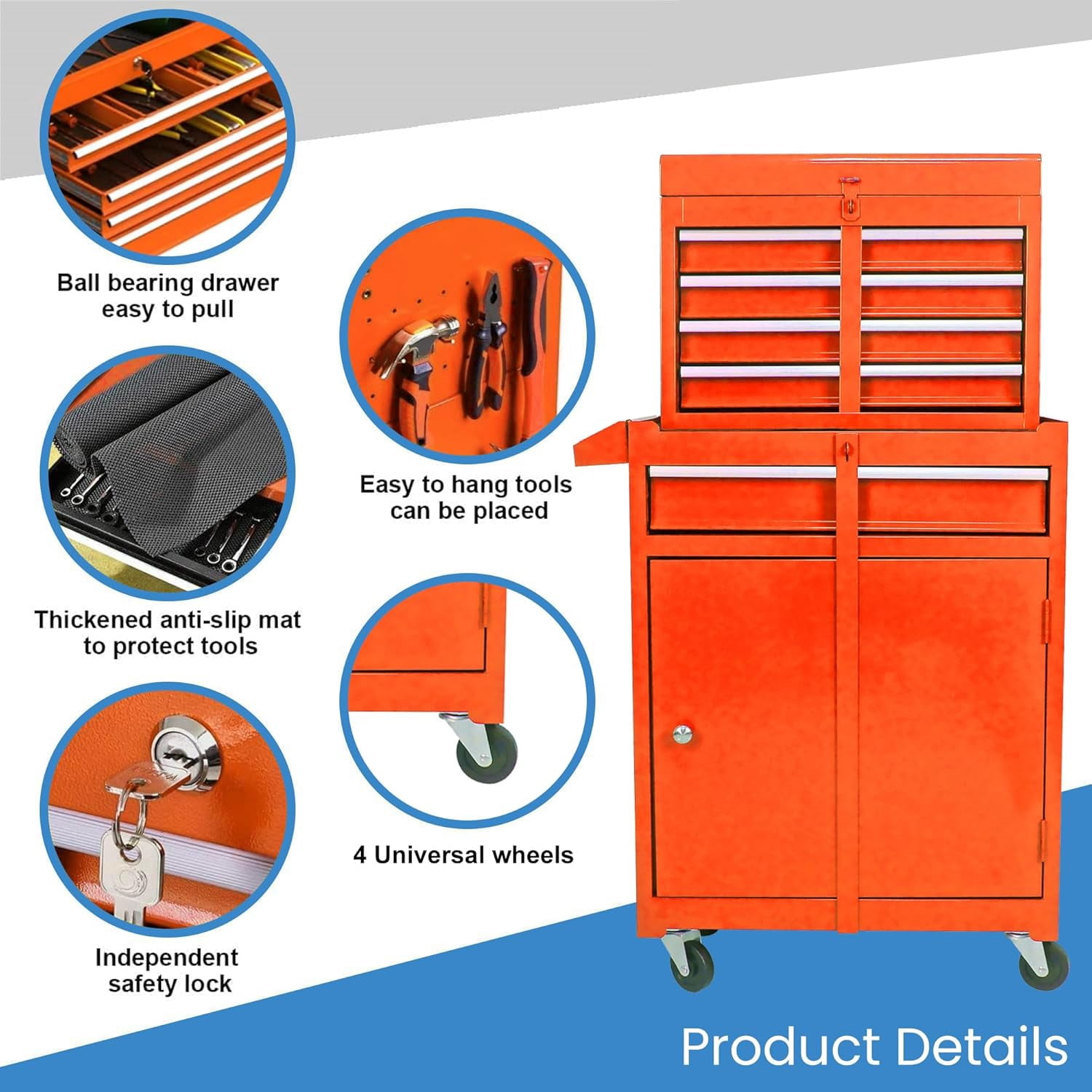 POWANLI Detachable 5-Drawer Rolling Tool Chest with Bottom Cabinet and One Adjustable Shelf/Locking System for Garage Workshop Warehouse Repair Shop