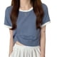 thumbnail image 3 of Camiseta de manga corta Cuello redondo Color de contraste Versátil Moda Mujer Casual Verano Top Azul L, 3 of 12