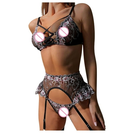 

RPVATI Women 3 Piece Garter Lingerie Set Sexy Mesh Babydoll High Waist Floral Underwire Bra and Panty Set