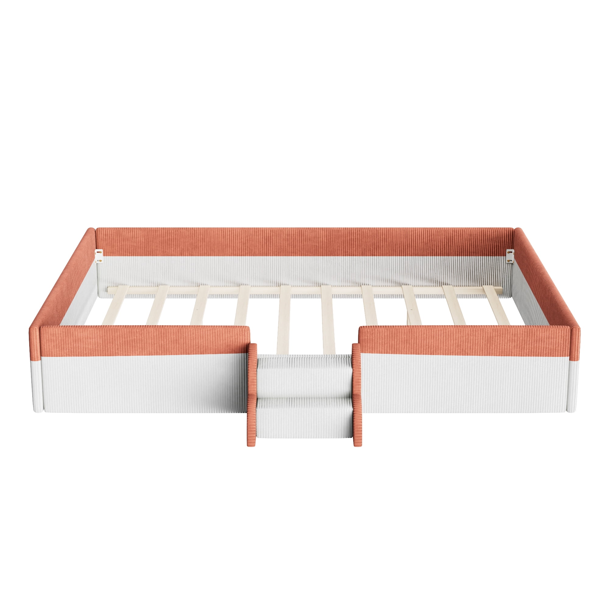 Howcool Queen Size Corduroy Upholstered Floor Bed with Fence and Smart LED Lights,2-Tier Steps Platform Bed Frame,Brown+White