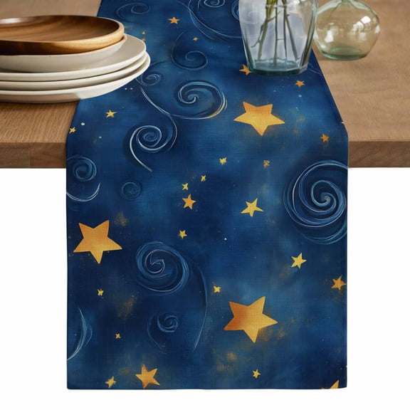 Navy Blue Yellow Star Table Runner, Starry Sky Vintage Washable Cotton Linen Table Runners 48 Inches Long, Dresser Scarf Runner for Nightstand/Coffee/End Tables 13''x48''