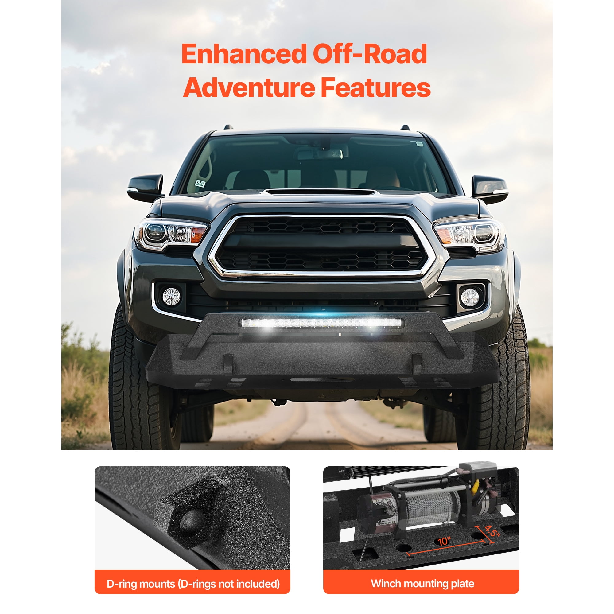 KFFKFF Front Bumper Compatible with 2016-2023 Toyota Tacoma, Pickup Truck Bumper with LED Light Bar, Winch Plate & D-Ring Mounts, Durable Steel Construction with Protective E-Coating