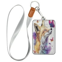 PU Leather ID Badge Holder Stylish Badge Holders with Lanyard (4.3x2.8x0.3in) for Cards & Credentials Fox and Butterflies