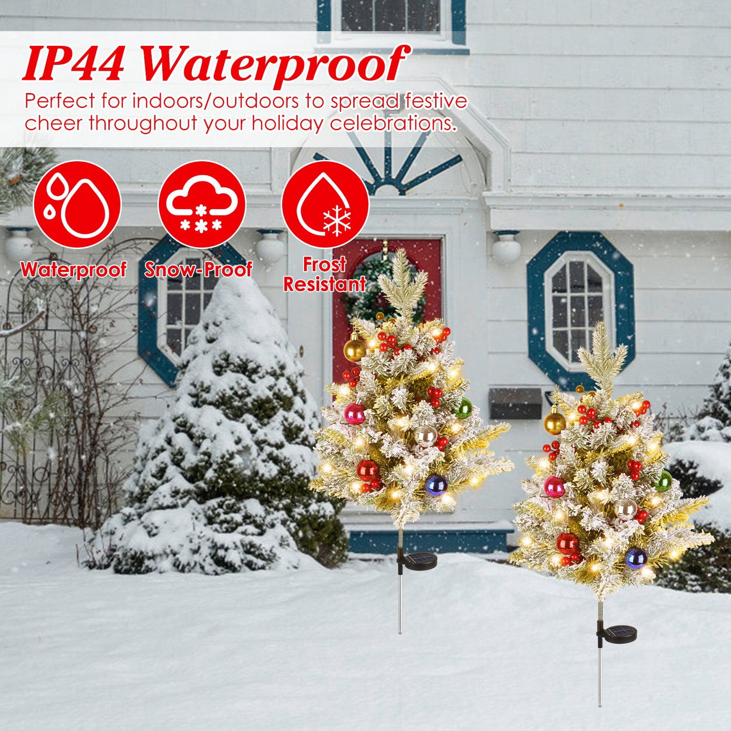 Astoutdoor 2-Piece Solar Lighted Artificial Christmas Tree, 35.43 in, Red Berries, 50 LEDs, 2 Modes, IP44, PVC