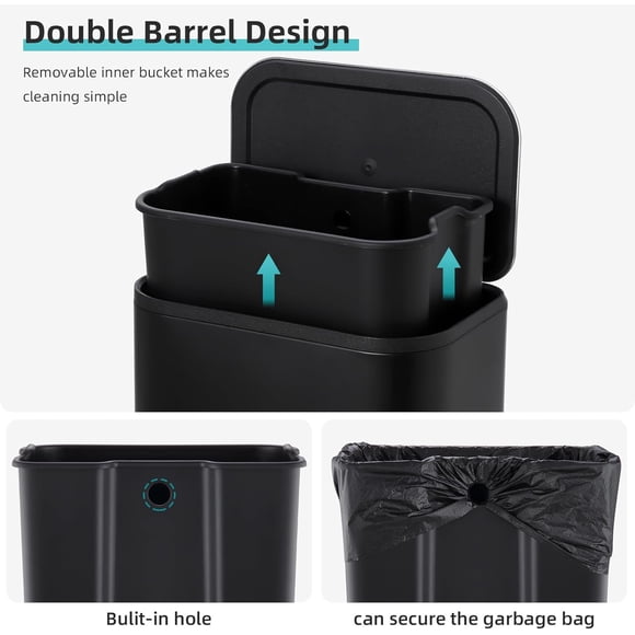 EastVita 30L Stainless Steel Trash Can, Kitchen Garbage Bin with Soft-Close Lid, Foot Pedal & Removable Inner Bucket, Black
