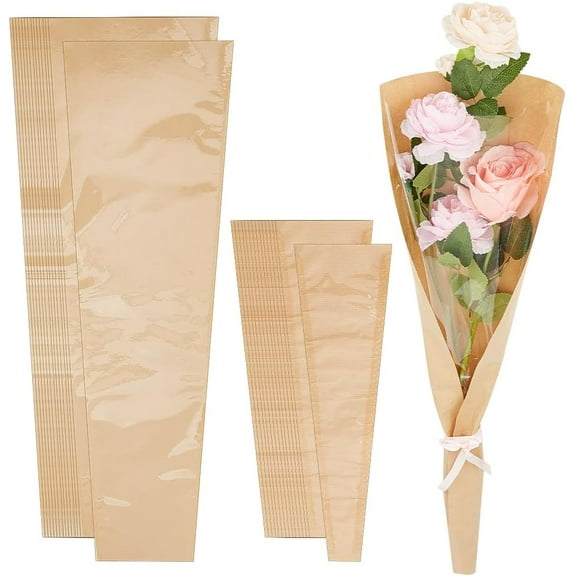 100 Pcs Flower Wrapping Paper 2 Style Kraft Paper Gift Bags Single Flower Bouquet Wrapping Paper for Bridal Shower Wedding Gift Giving Decoration