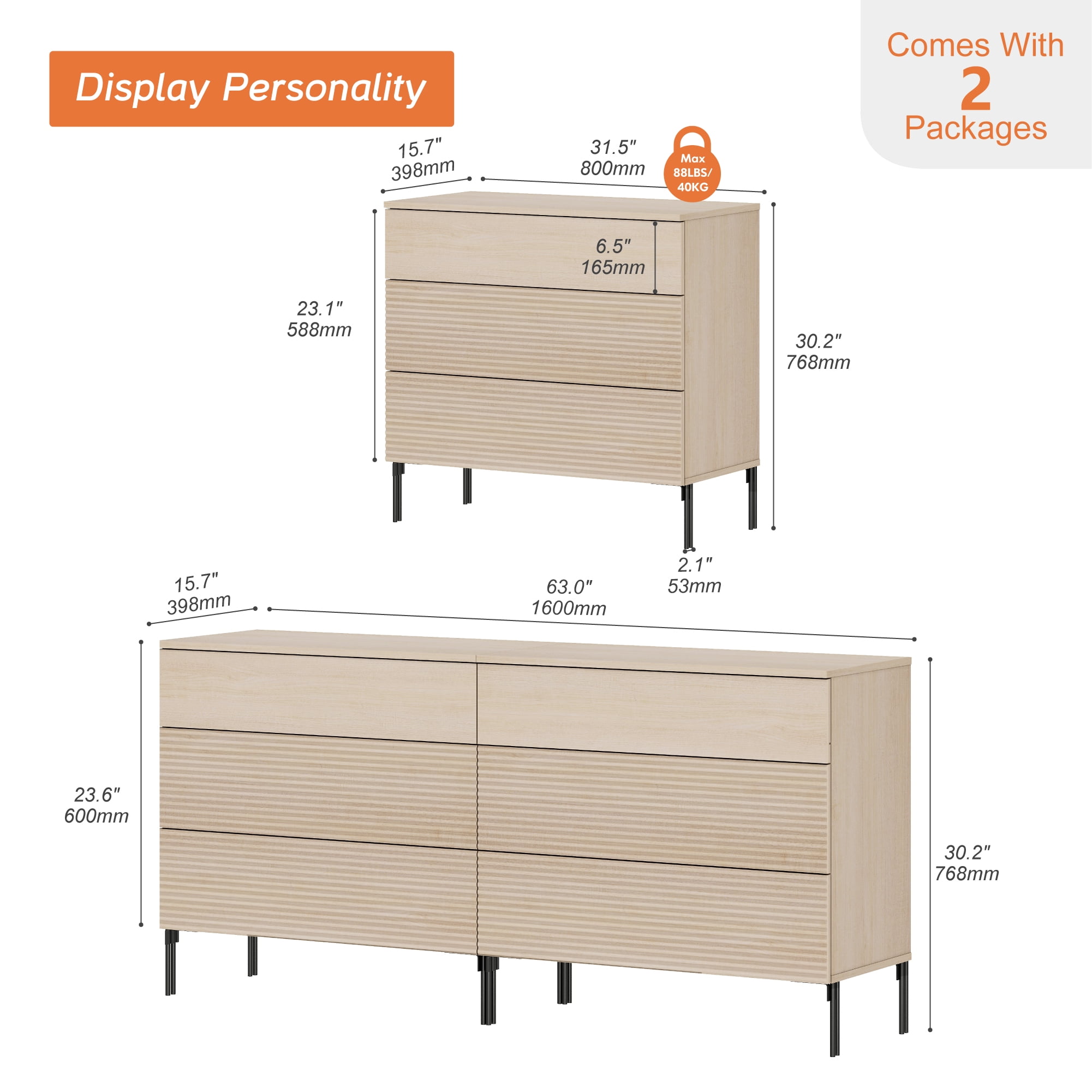 3 Drawer Reeded Dresser for Bedroom Set of 2, Minimalist Modern Chest of Drawers, Wood Storage 6 Drawer Dresser Organizer for Bedroom Living Room Hallway Closet