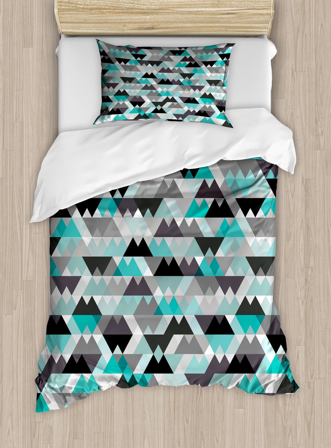 Grey And Turquoise Duvet Cover Set Futuristic Geometric Mosaic Grey And Turquoise Duvet Cover Set Futuristic Geometric Mosaic Design With Triangles Zig Zags Decorative Bedding Pillow Shams