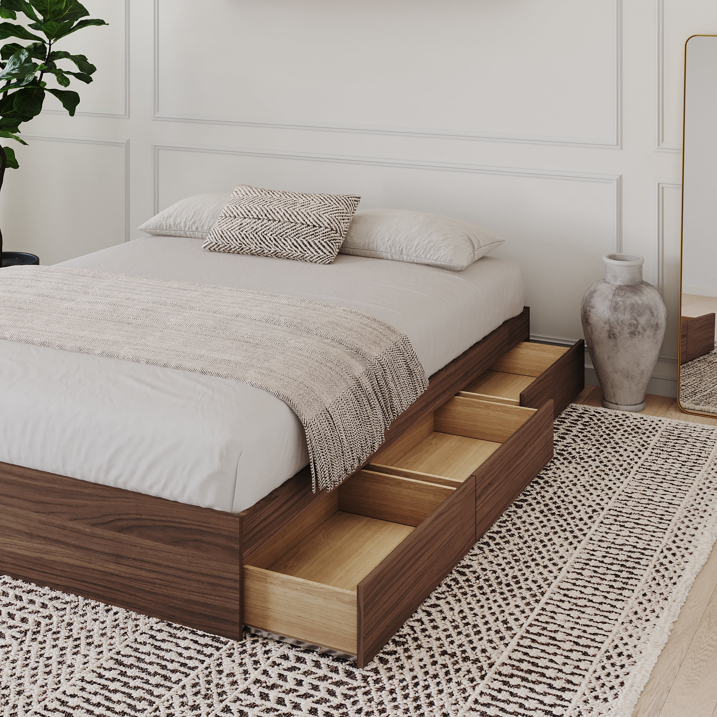 Nexera Queen Size Storage Wood Bed Frame with 3 Drawers, Walnut