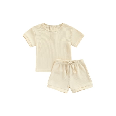 

Amuver Toddler Baby Short Pants Outfits Pure Color Short Sleeve Back Button Crew Neck Tops + Elastic Waist Shorts Set