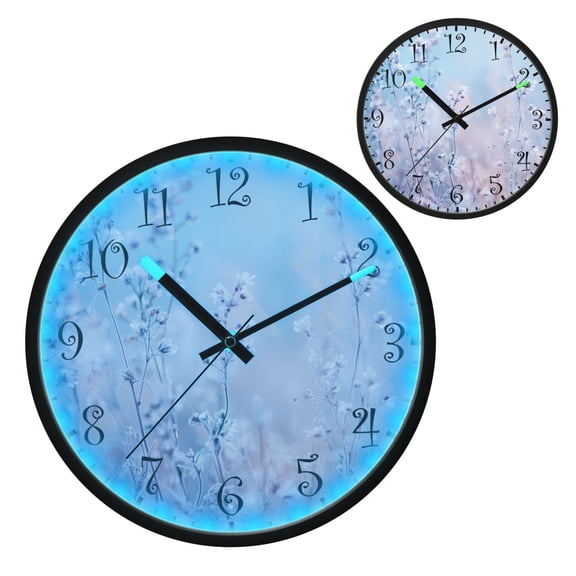 Voice Activated Clock with Glow Light 12 Inch Large Silent Wall Clock Battery Operated for Home Decor Pastel Blue Wildflowers