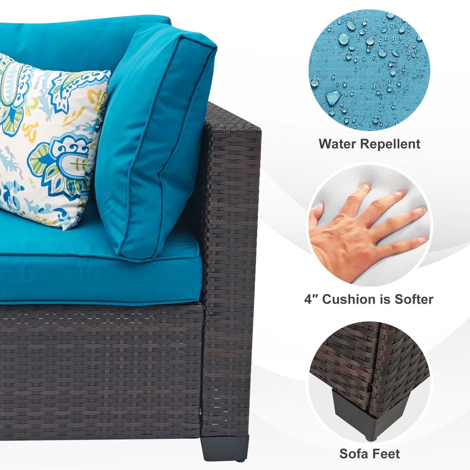 ZXRLHX 7-Piece Outdoor Rattan Patio Furniture Set (Brown/Peacock Blue) with Anti-slip Cushions