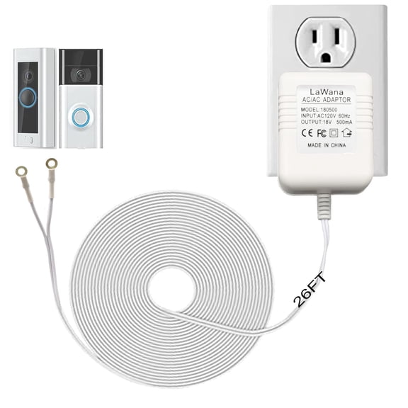 26FT Charging Cable18V500mA Doorbell Power Adapter for Video Doorbells, Pro and 2, Transformer Compatible with Zmodo Smart Nest Hello
