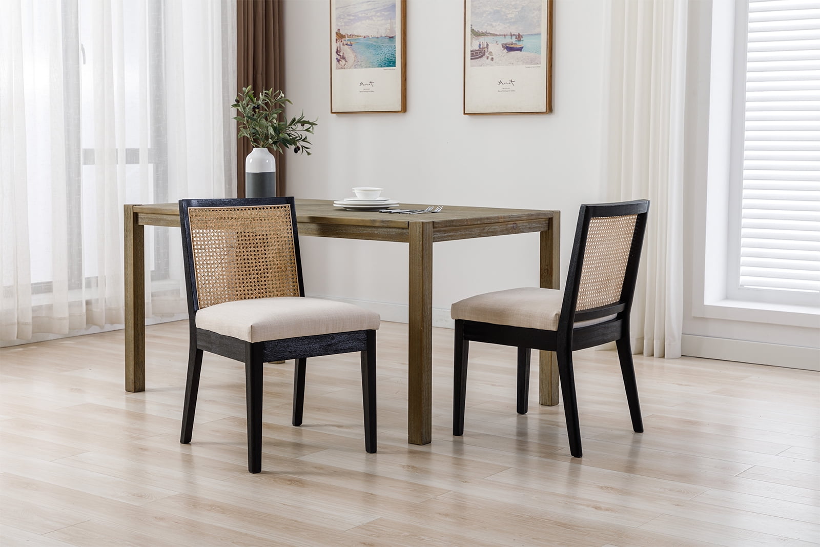Dayalane Farmhouse Rattan Dining Chairs Set of 2, Mid Century Modern Dining Side Chairs with Black Hardwood Frame, Linen Upholstered French Country Kitchen Chairs for Dining Room Bistro, Beige