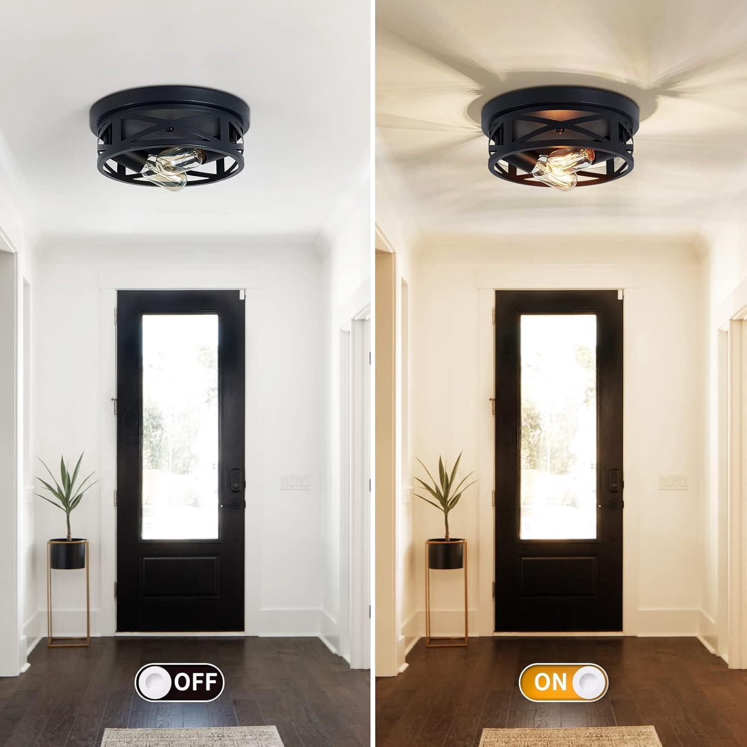 2 Pack Black Flush Mount Ceiling Light,Industrial Farmhouse Metal Cage Black Light Fixtures Ceiling Mount for Kitchen Entryway Hallway E26 Base