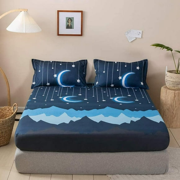 shiyou-Kids Bedding Set Moon Twinkle Stars Bed Sheet Set for Boys Girls Bedroom Decor Queen Size Microfiber Soft Mountain Night Fitted Sheet Dark Blue Bed Cover with 2 Pillow Case, Flat Sheet not Inc