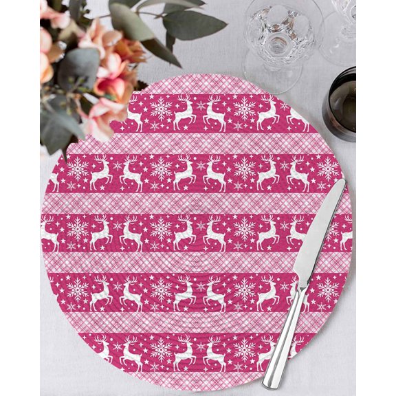 15 Inch Round Placemats Set of 6, Pink Xmas Reindeer Non Slip Heat Insulation PP Table Mats, Christmas Snowflakes Stripes Winter Washable Place Mats for Kitchen Dining Party Table Decor