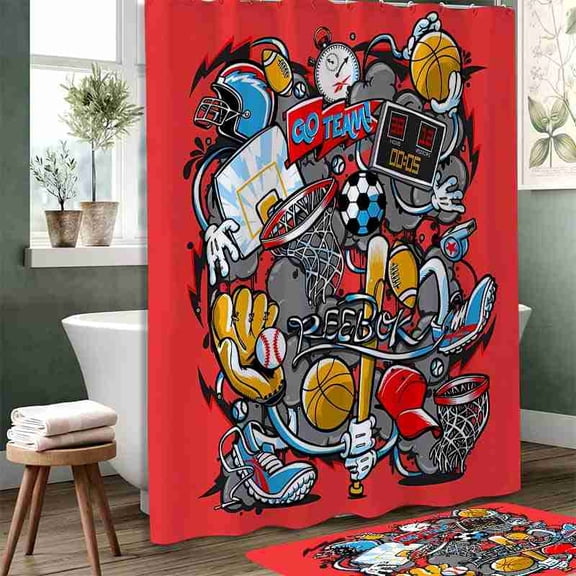 70x70 inch Red Sports Equipment Graffiti Shower Curtain, Waterproof Polyester Fabric with Hooks for Bathroom Decor
