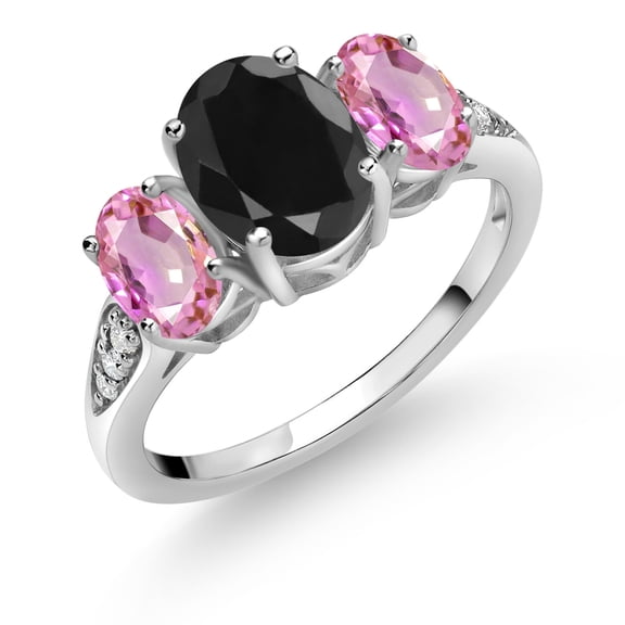 Gem Stone King 10K White Gold Black Sapphire Pink Sapphire and White Lab Grown Diamond 3 Stone Engagement Ring for Women (2.90 Cttw, Gemstone Birthstone, Size 8)