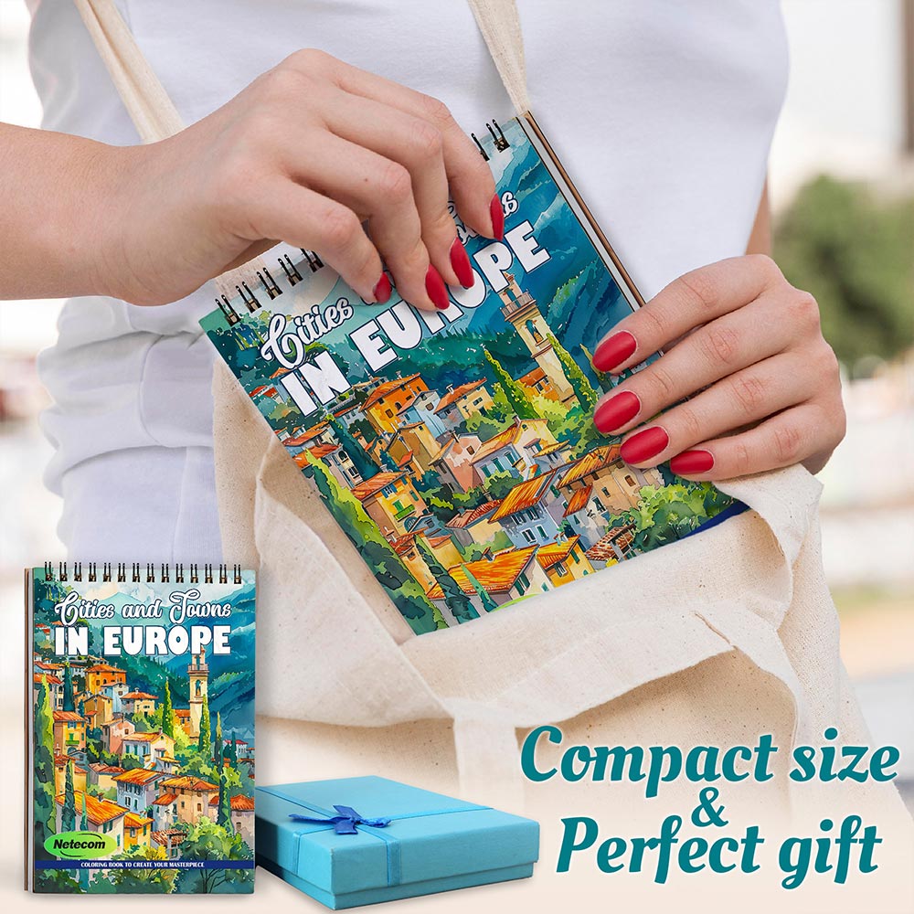 Netecom Cities and Towns In Europe Coloring Book Spiral Bound For Adults, A5 Wooden Cover, 30 Charming Coloring Pages in Historic European Architecture for Stress Relief and Relaxation