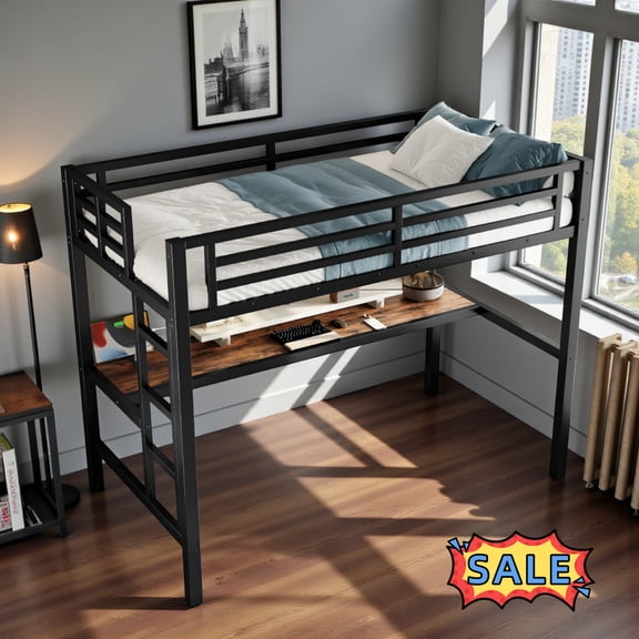 Tcbosik Twin Size Loft Bed with Charging Station and LED Lights, Metal Bed Frame with Side Ladder and Safety Guardrail, No Box Spring Needed, Black
