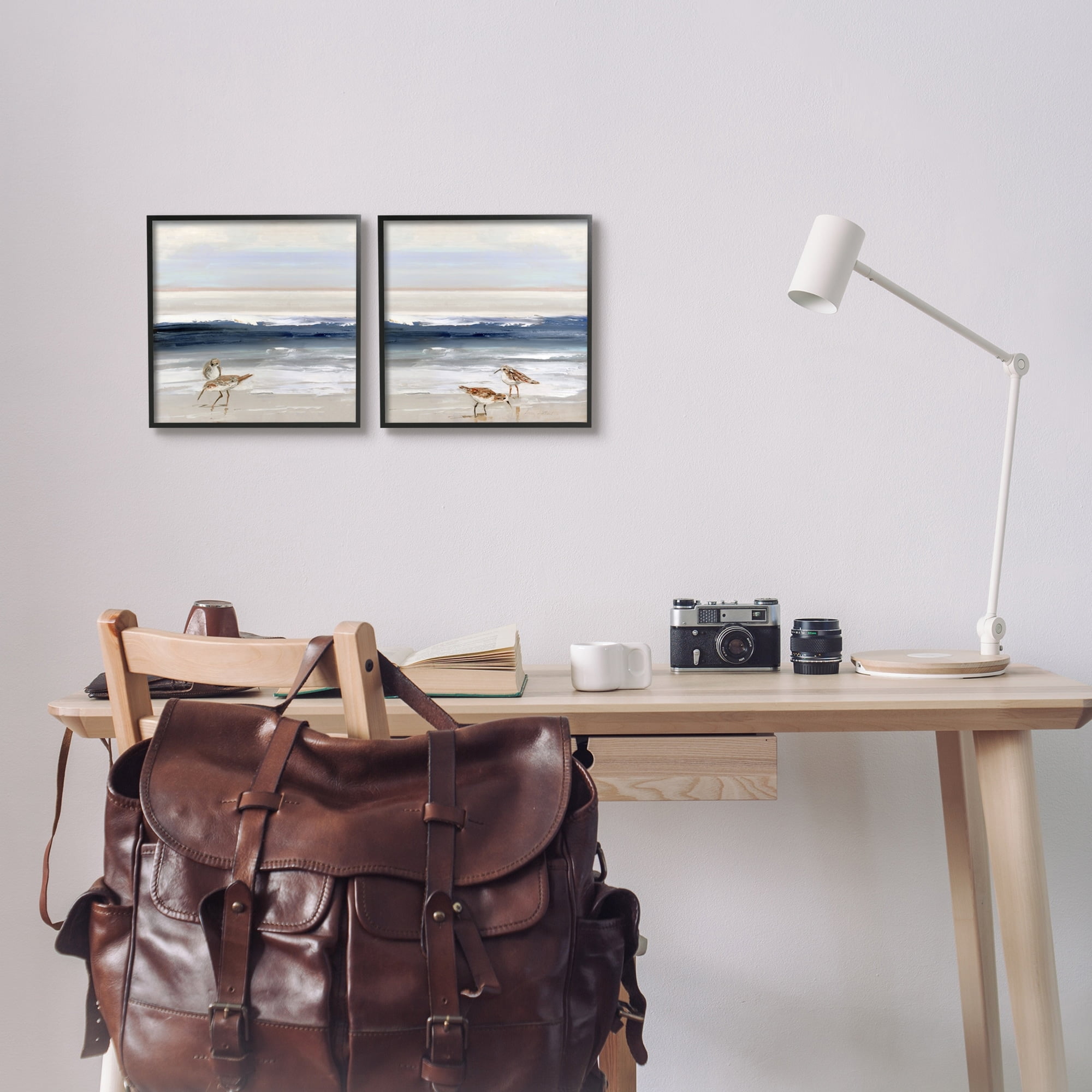 Stupell Industries Birds On Beach Shore Ocean Waves Blue Sky Landscape Paintings White Framed Art Print Wall Art Set of 2, 17x17, by Sally Swatland