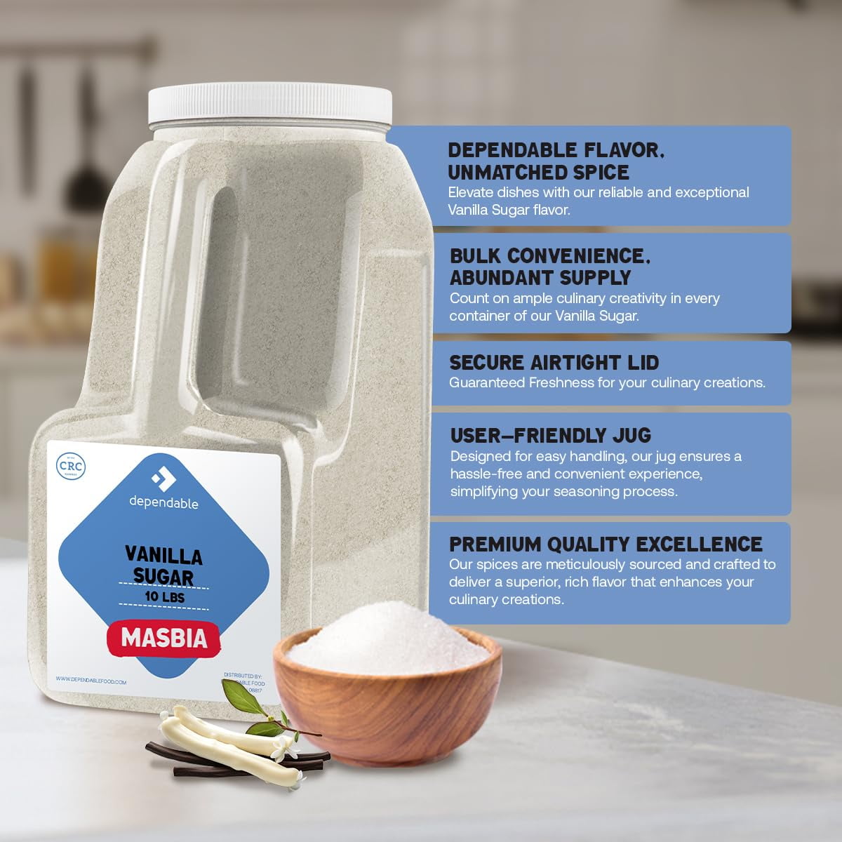 Dependable Food Vanilla Sugar, Kosher & Allergen Free Vanilla Sugar Seasoning in Airtight Container, 10-lb Bulk Jar