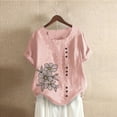 thumbnail image 2 of Blouses pour Femmes, T-Shirt d'Été à Col Rond Manches Courtes Mode Décontractée Imprimé Bouton, 2 of 3