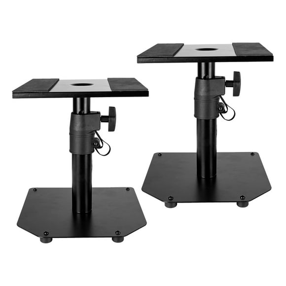 Fawoonu Adjustable Height Studio Monitor Stands - Pair of Black Metal Speaker Bases with Plastic Accessories for Home Recording and Surround Sound Setups